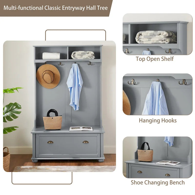 4-in-1 Hall Tree with Shoe Bench, Coat Rack & Storage Shelves - 64.17"H Entryway Organizer, 250 lbs Capacity, MDF & Solid Wood Construction
