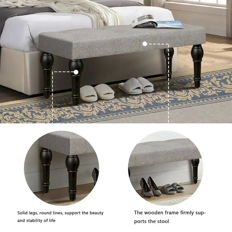 42" Upholstered Bench with Roman Column Legs - Linen Tufted Entryway Bench for Bedroom Living Room Dining Room
