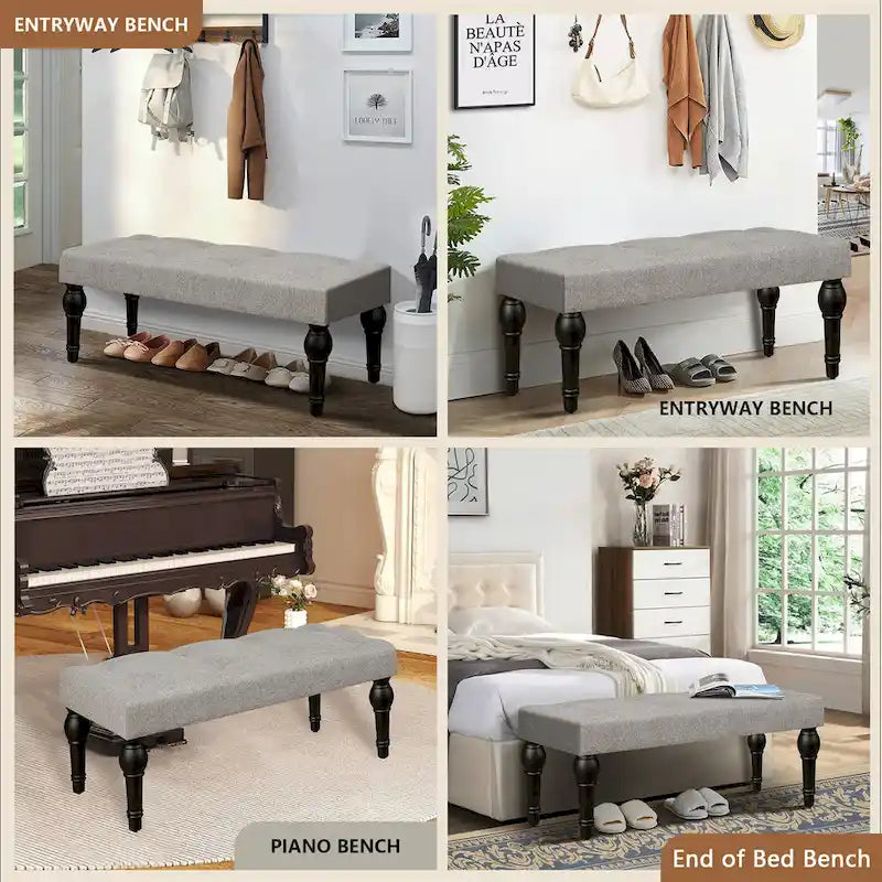 42" Upholstered Bench with Roman Column Legs - Linen Tufted Entryway Bench for Bedroom Living Room Dining Room