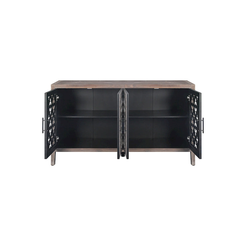 Wooden Storage Cabinet with Hollow Carved Doors - 4 Door Sideboard Console Table with Adjustable Shelves - Antique Pine Finish MDF