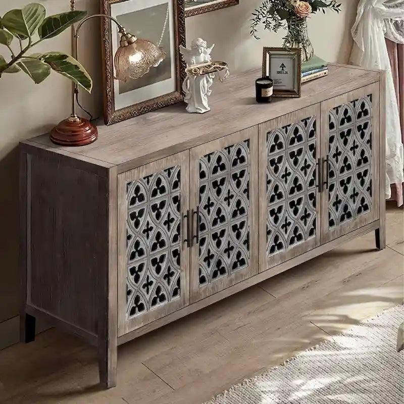 Wooden Storage Cabinet with Hollow Carved Doors - 4 Door Sideboard Console Table with Adjustable Shelves - Antique Pine Finish MDF