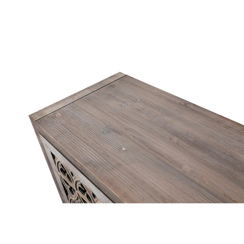 Wooden Storage Cabinet with Hollow Carved Doors - 4 Door Sideboard Console Table with Adjustable Shelves - Antique Pine Finish MDF