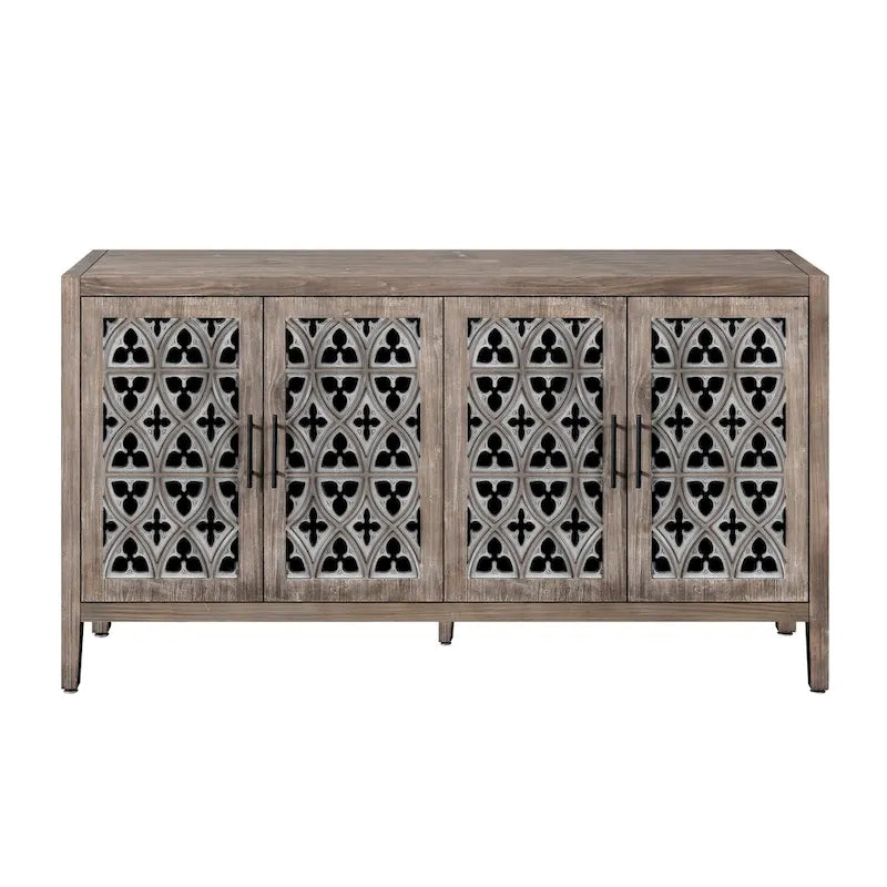 Wooden Storage Cabinet with Hollow Carved Doors - 4 Door Sideboard Console Table with Adjustable Shelves - Antique Pine Finish MDF