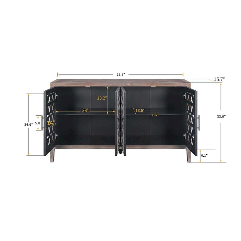 Wooden Storage Cabinet with Hollow Carved Doors - 4 Door Sideboard Console Table with Adjustable Shelves - Antique Pine Finish MDF