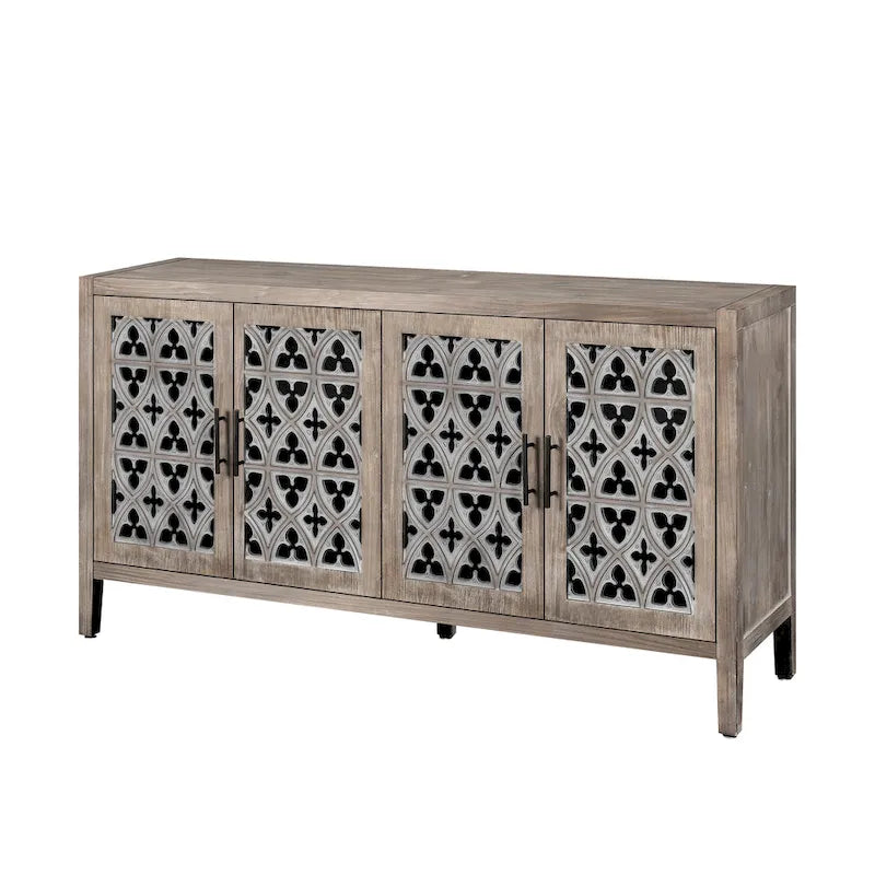 Wooden Storage Cabinet with Hollow Carved Doors - 4 Door Sideboard Console Table with Adjustable Shelves - Antique Pine Finish MDF