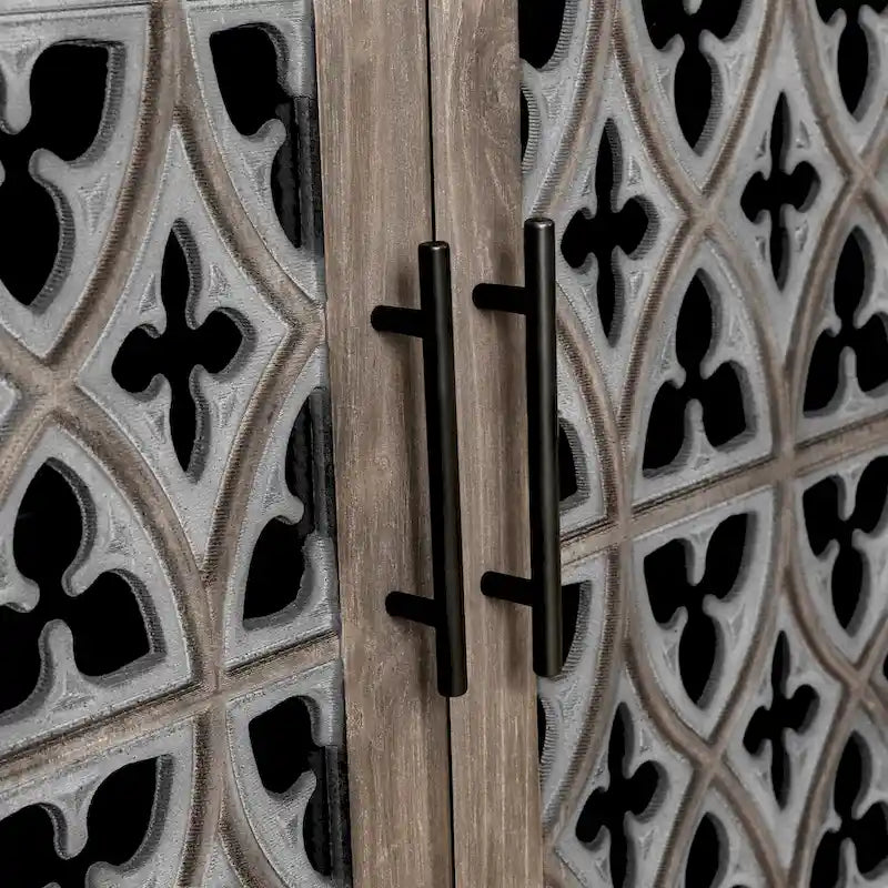 Wooden Storage Cabinet with Hollow Carved Doors - 4 Door Sideboard Console Table with Adjustable Shelves - Antique Pine Finish MDF