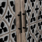 Wooden Storage Cabinet with Hollow Carved Doors - 4 Door Sideboard Console Table with Adjustable Shelves - Antique Pine Finish MDF