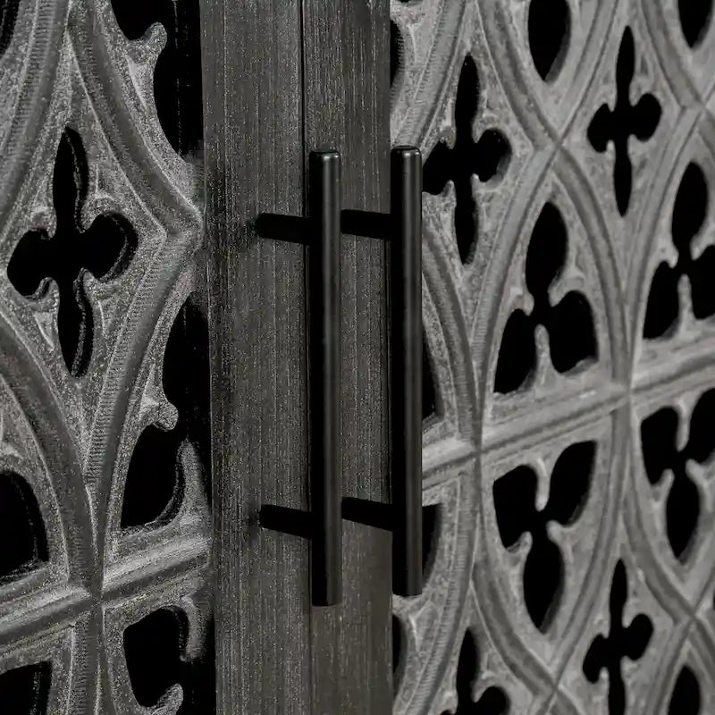 Wooden Storage Cabinet with Hollow Carved Doors - 4 Door Sideboard Console Table with Adjustable Shelves - Antique Pine Finish MDF