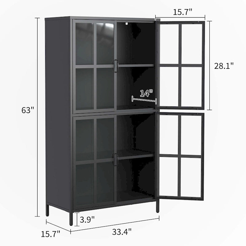 Black Metal Storage Cabinet with Glass Doors - Adjustable Shelves, Anti-Tip, Magnetic Closure, 100 lbs Capacity