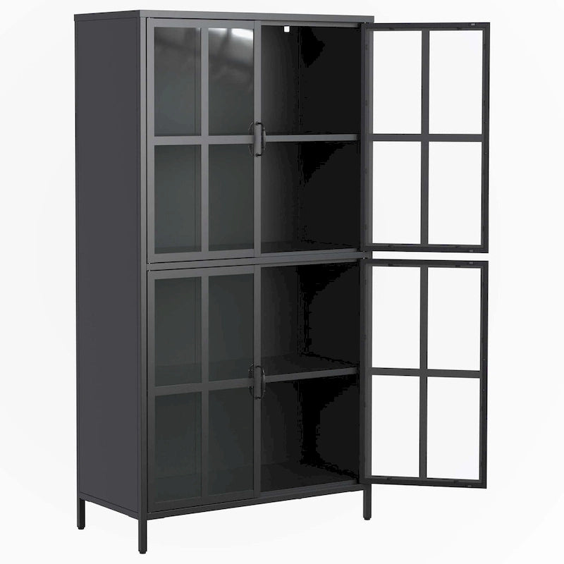 Black Metal Storage Cabinet with Glass Doors - Adjustable Shelves, Anti-Tip, Magnetic Closure, 100 lbs Capacity