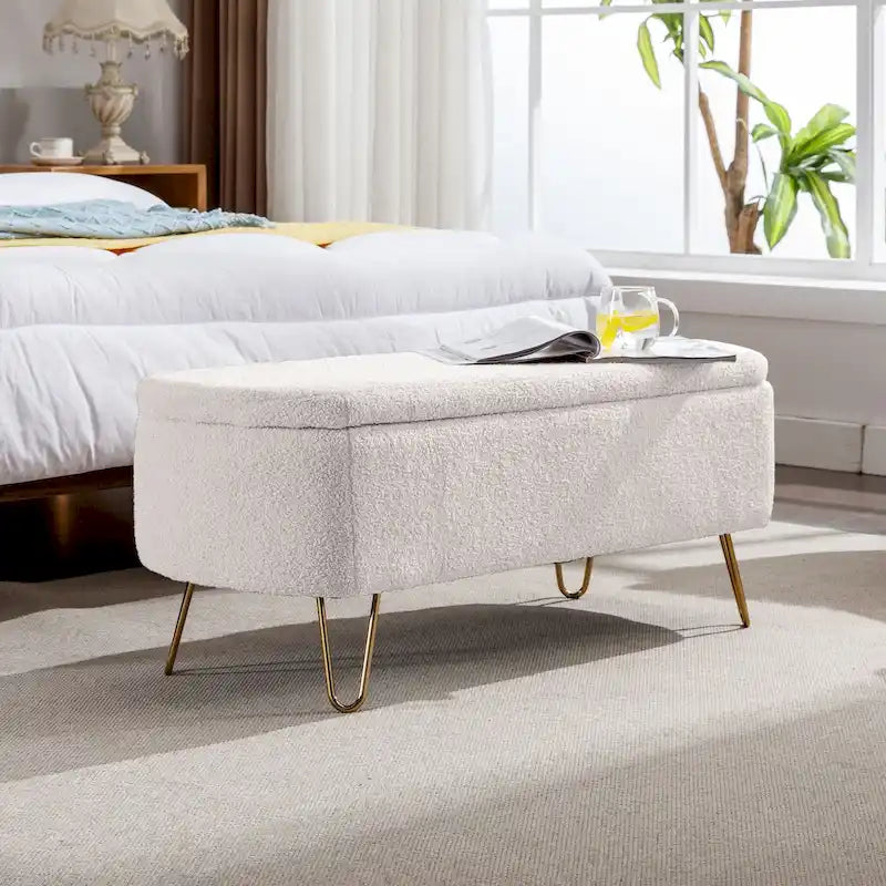 39.37" Oval Storage Ottoman Bench with Gold Legs - Modern Flip-Top Seating, 250 lbs Capacity, Gray/Off-White