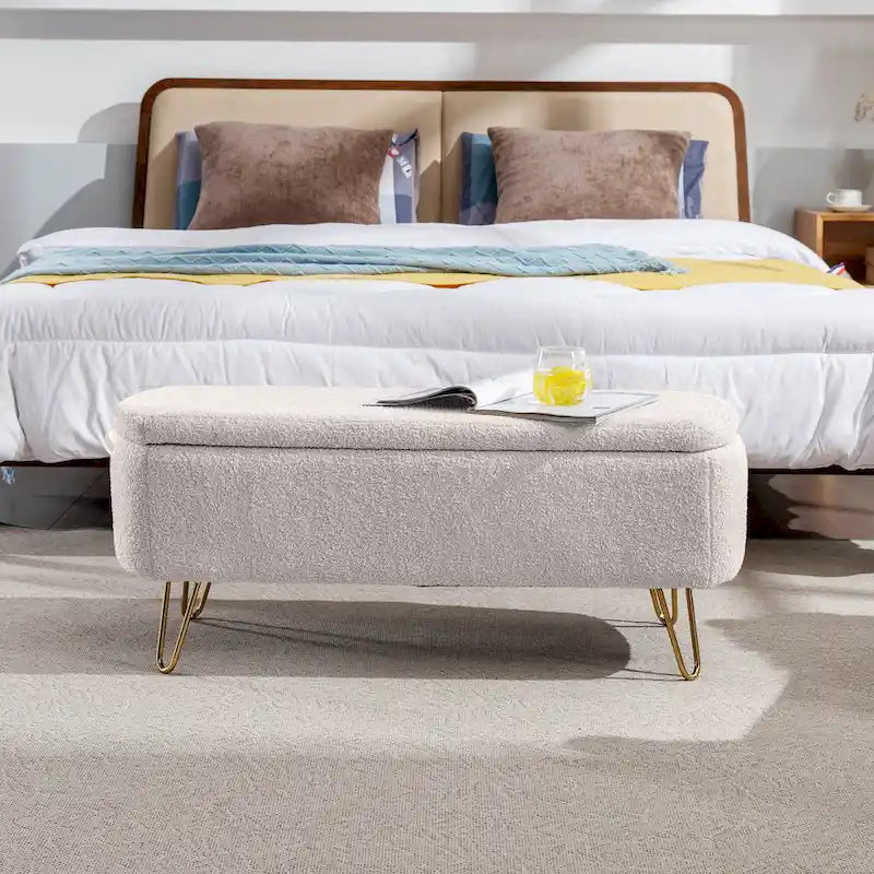 39.37" Oval Storage Ottoman Bench with Gold Legs - Modern Flip-Top Seating, 250 lbs Capacity, Gray/Off-White