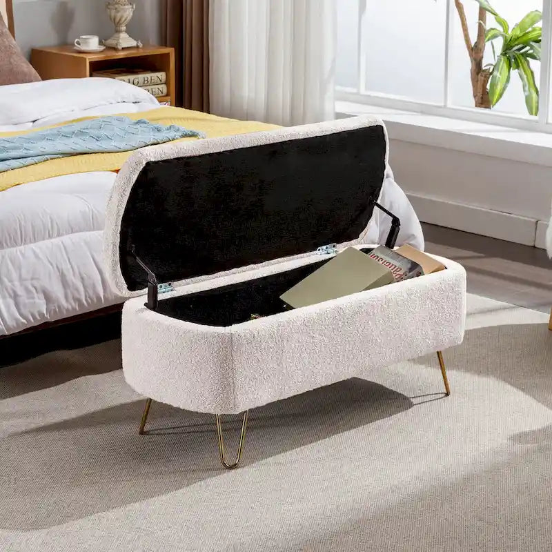 39.37" Oval Storage Ottoman Bench with Gold Legs - Modern Flip-Top Seating, 250 lbs Capacity, Gray/Off-White