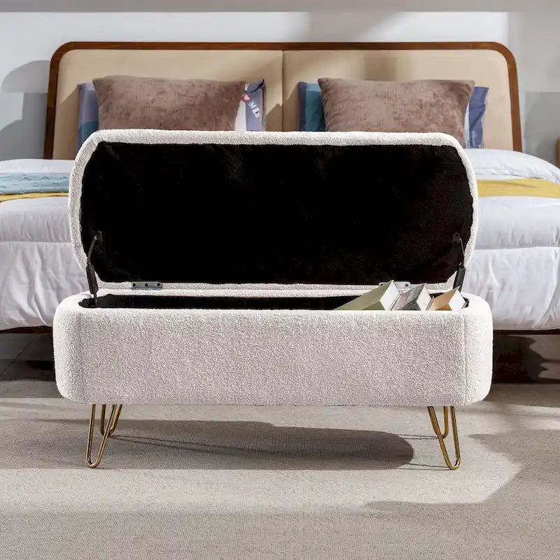 39.37" Oval Storage Ottoman Bench with Gold Legs - Modern Flip-Top Seating, 250 lbs Capacity, Gray/Off-White