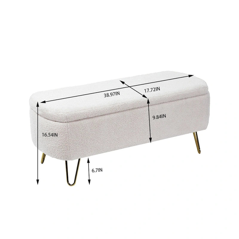 39.37" Oval Storage Ottoman Bench with Gold Legs - Modern Flip-Top Seating, 250 lbs Capacity, Gray/Off-White