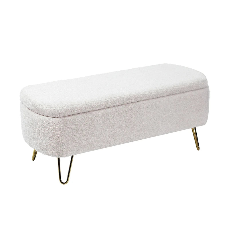 39.37" Oval Storage Ottoman Bench with Gold Legs - Modern Flip-Top Seating, 250 lbs Capacity, Gray/Off-White