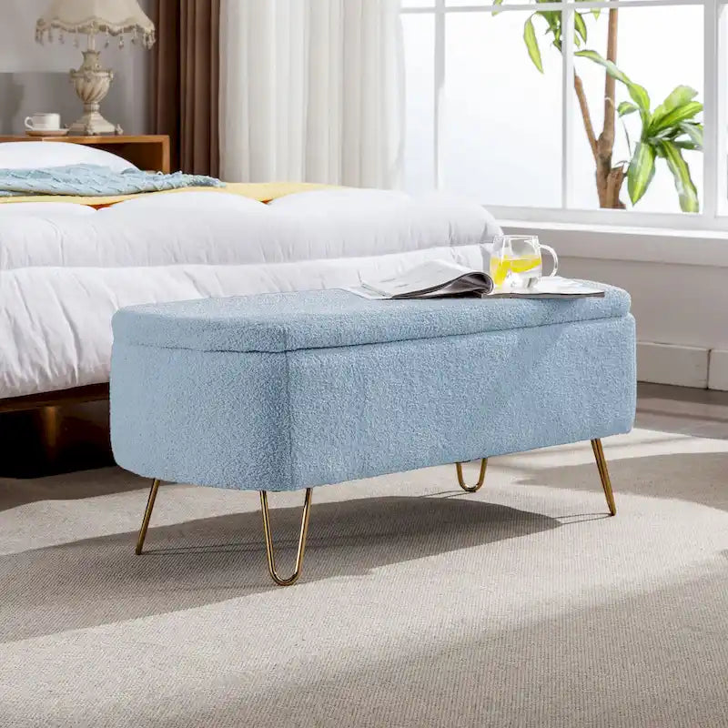 39.37" Oval Storage Ottoman Bench with Gold Legs - Modern Flip-Top Seating, 250 lbs Capacity, Gray/Off-White
