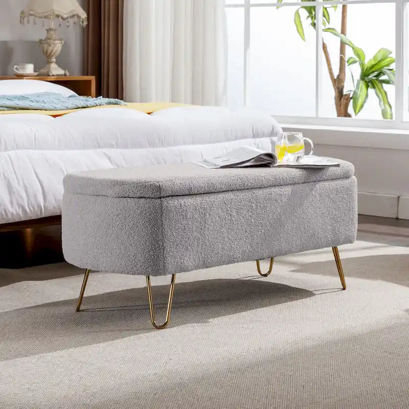 39.37" Oval Storage Ottoman Bench with Gold Legs - Modern Flip-Top Seating, 250 lbs Capacity, Gray/Off-White