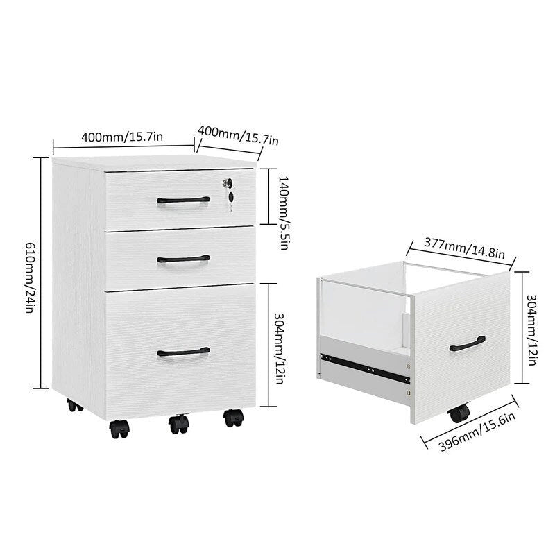 3-Drawer Mobile File Cabinet with Wheels - Wood Storage Organizer for Office Documents - Letter Size - 24x15.7x15.7 Inches