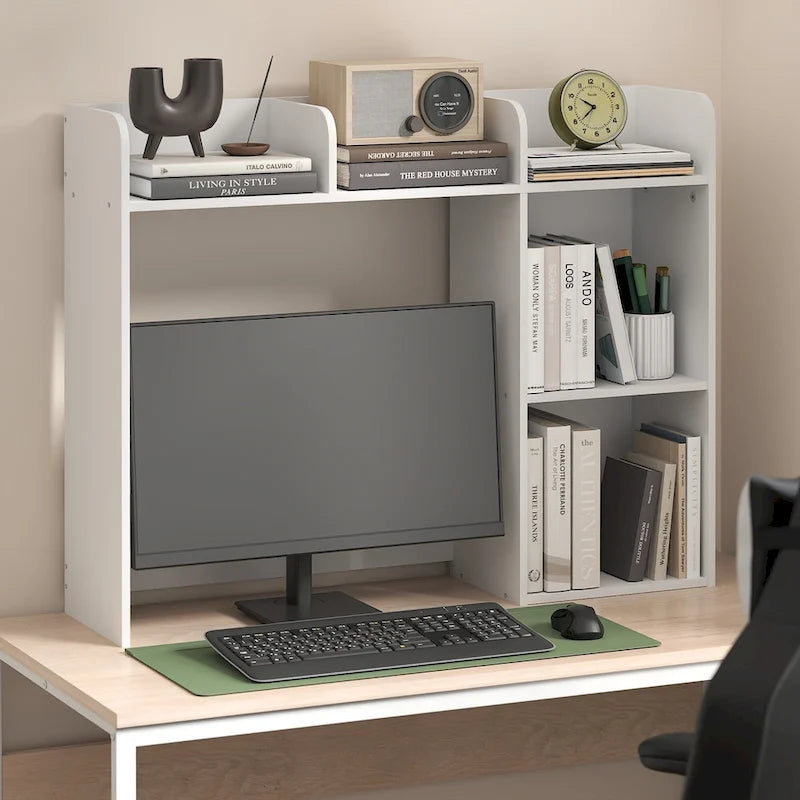 Desktop Bookshelf Storage Hutch Organizer with 5 Shelves - White Space-Saving Desk Shelf for Home Office