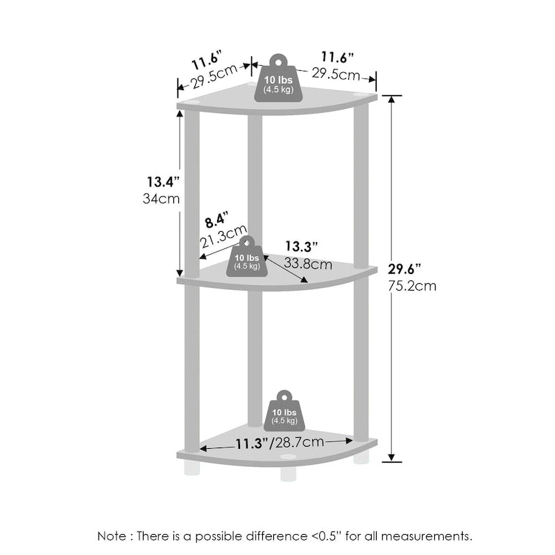 Étagère d'angle à 3 niveaux - Présentoir polyvalent pour petits espaces - Organisateur de rangement facile à assembler