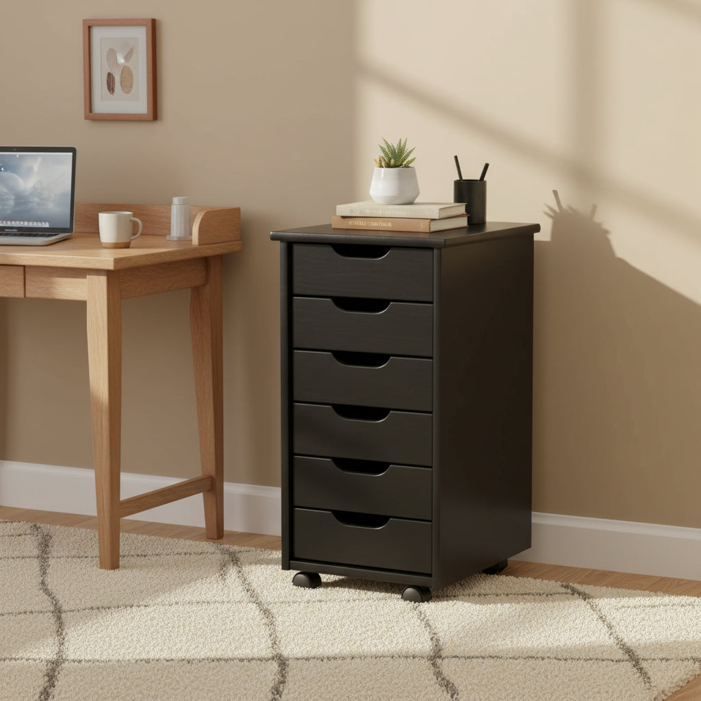 6-Drawer Rolling Storage Cart - Black Pinewood Mobile Organizer Cabinet with Casters - 26"H x 15.35"W x 13.4"D