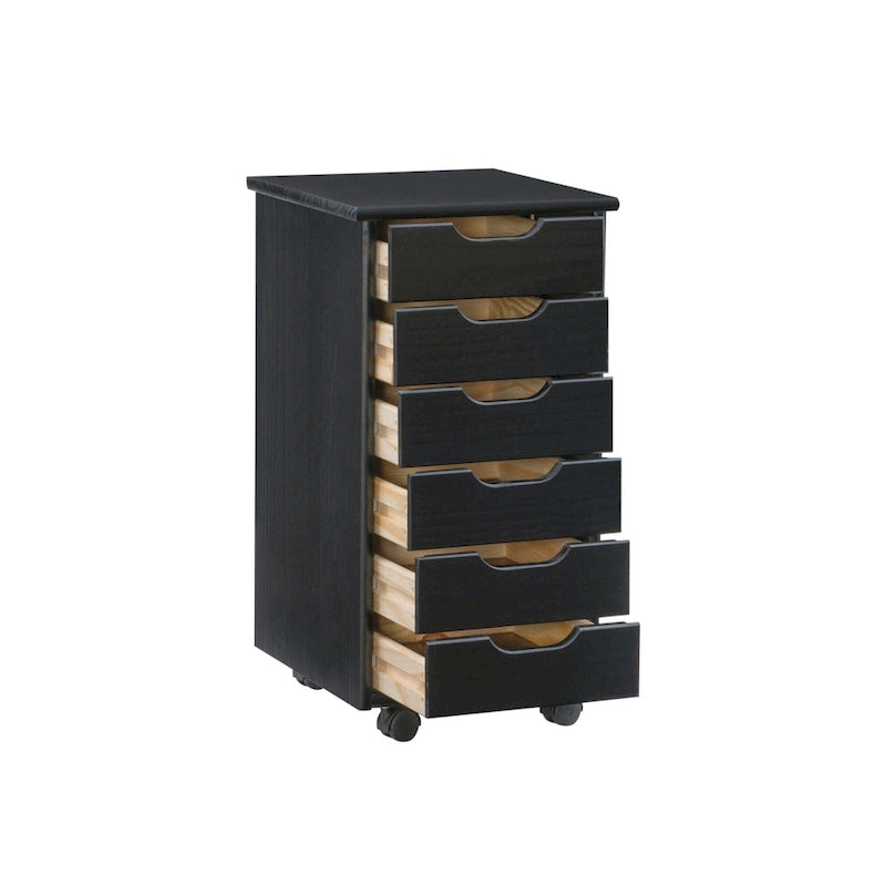 6-Drawer Rolling Storage Cart - Black Pinewood Mobile Organizer Cabinet with Casters - 26"H x 15.35"W x 13.4"D