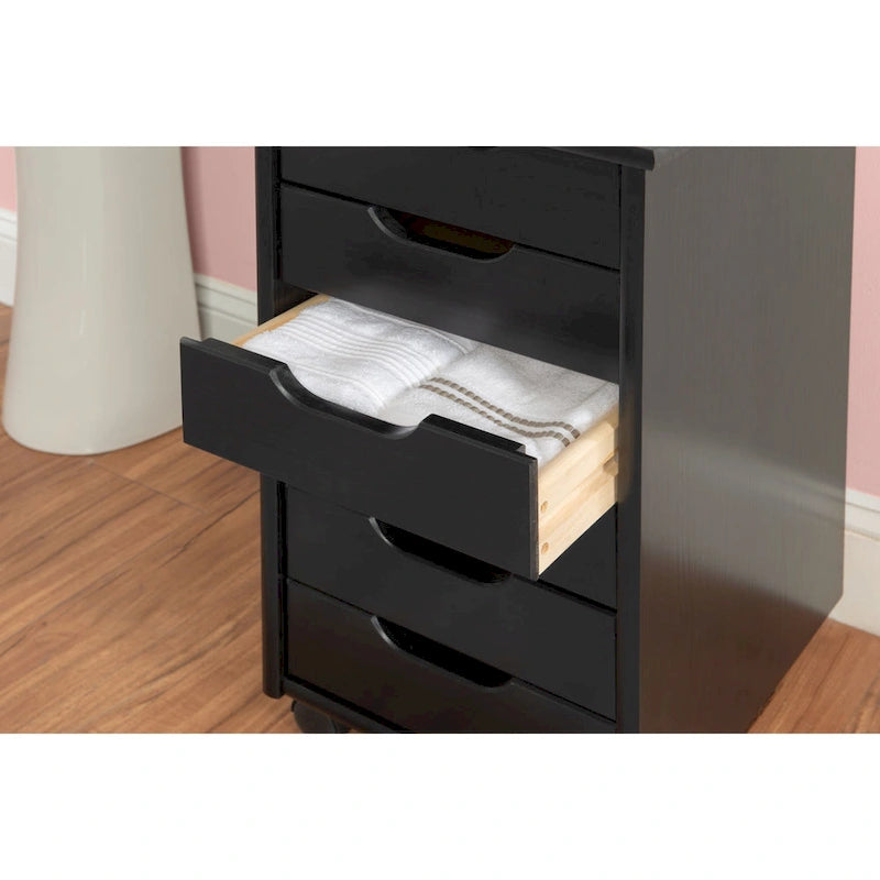 6-Drawer Rolling Storage Cart - Black Pinewood Mobile Organizer Cabinet with Casters - 26"H x 15.35"W x 13.4"D