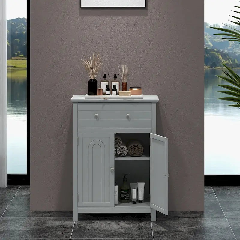 Wooden Bathroom Floor Cabinet with Drawer & Doors - 2-Door Storage Organizer, Adjustable Shelf, Black/Grey, 23.5"x12"x31.5"
