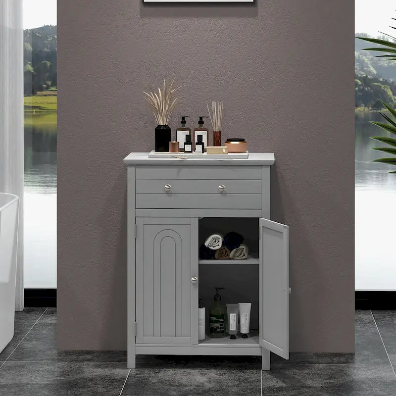 Wooden Bathroom Floor Cabinet with Drawer & Doors - 2-Door Storage Organizer, Adjustable Shelf, Black/Grey, 23.5"x12"x31.5"