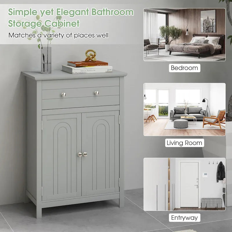 Wooden Bathroom Floor Cabinet with Drawer & Doors - 2-Door Storage Organizer, Adjustable Shelf, Black/Grey, 23.5"x12"x31.5"