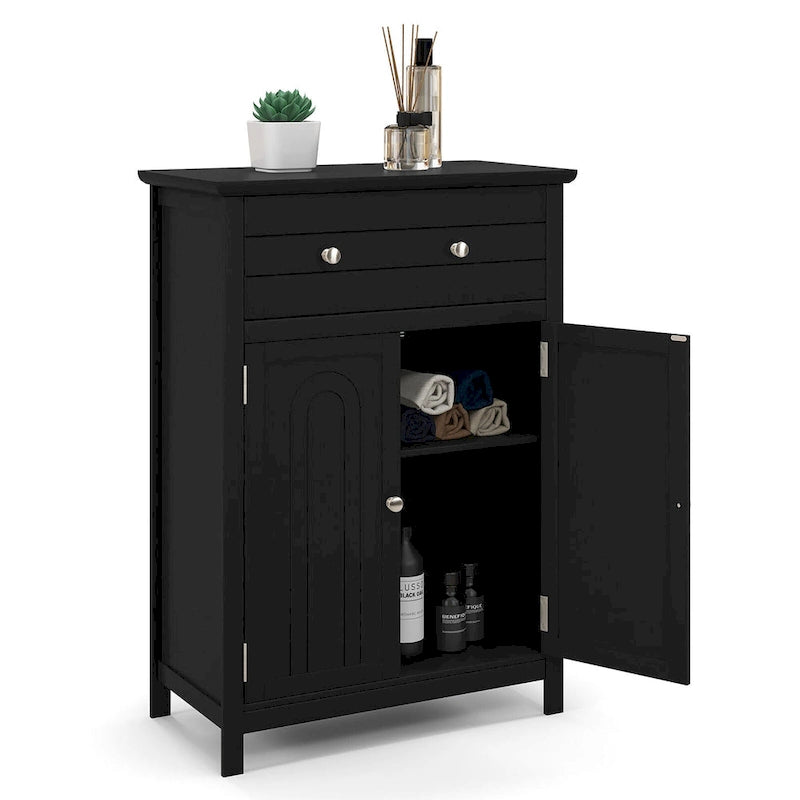 Wooden Bathroom Floor Cabinet with Drawer & Doors - 2-Door Storage Organizer, Adjustable Shelf, Black/Grey, 23.5"x12"x31.5"