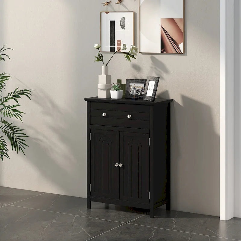 Wooden Bathroom Floor Cabinet with Drawer & Doors - 2-Door Storage Organizer, Adjustable Shelf, Black/Grey, 23.5"x12"x31.5"