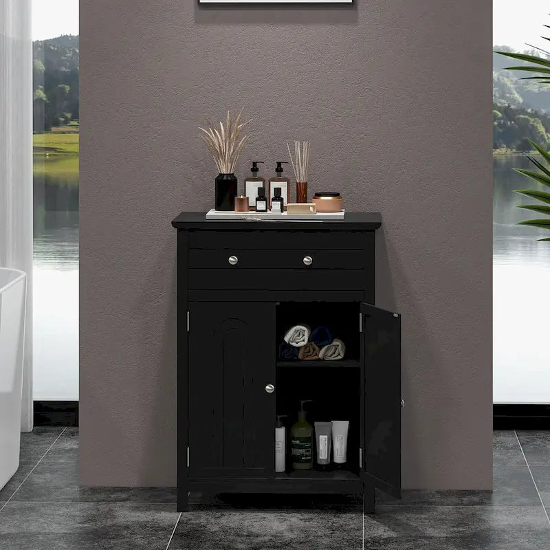 Wooden Bathroom Floor Cabinet with Drawer & Doors - 2-Door Storage Organizer, Adjustable Shelf, Black/Grey, 23.5"x12"x31.5"