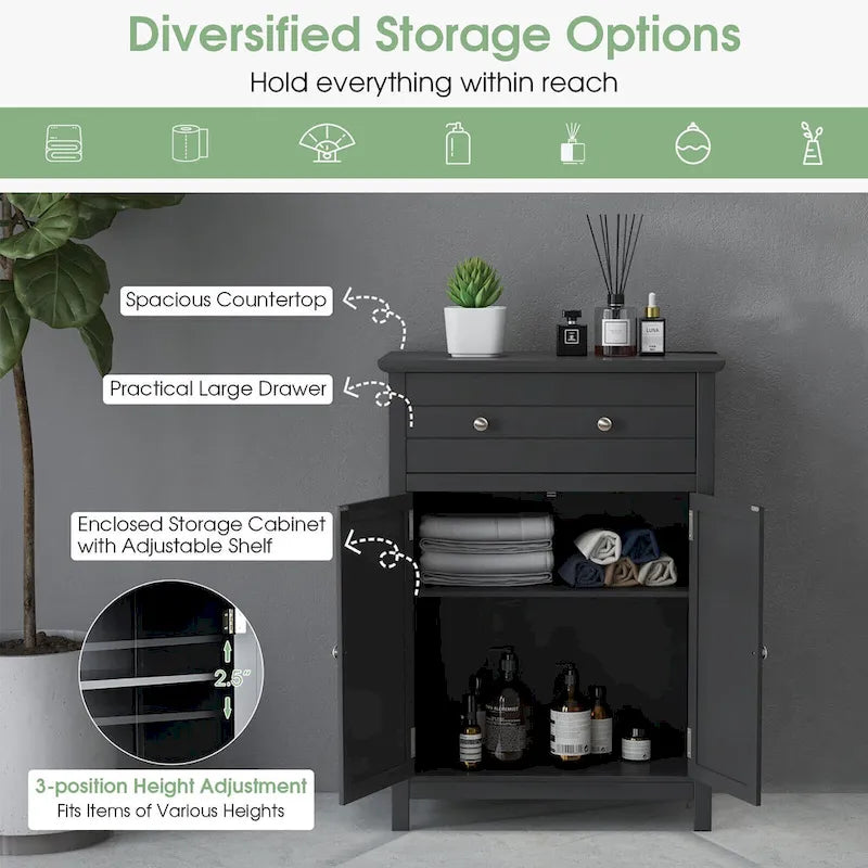 Wooden Bathroom Floor Cabinet with Drawer & Doors - 2-Door Storage Organizer, Adjustable Shelf, Black/Grey, 23.5"x12"x31.5"