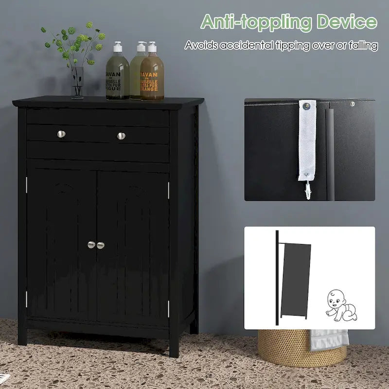Wooden Bathroom Floor Cabinet with Drawer & Doors - 2-Door Storage Organizer, Adjustable Shelf, Black/Grey, 23.5"x12"x31.5"