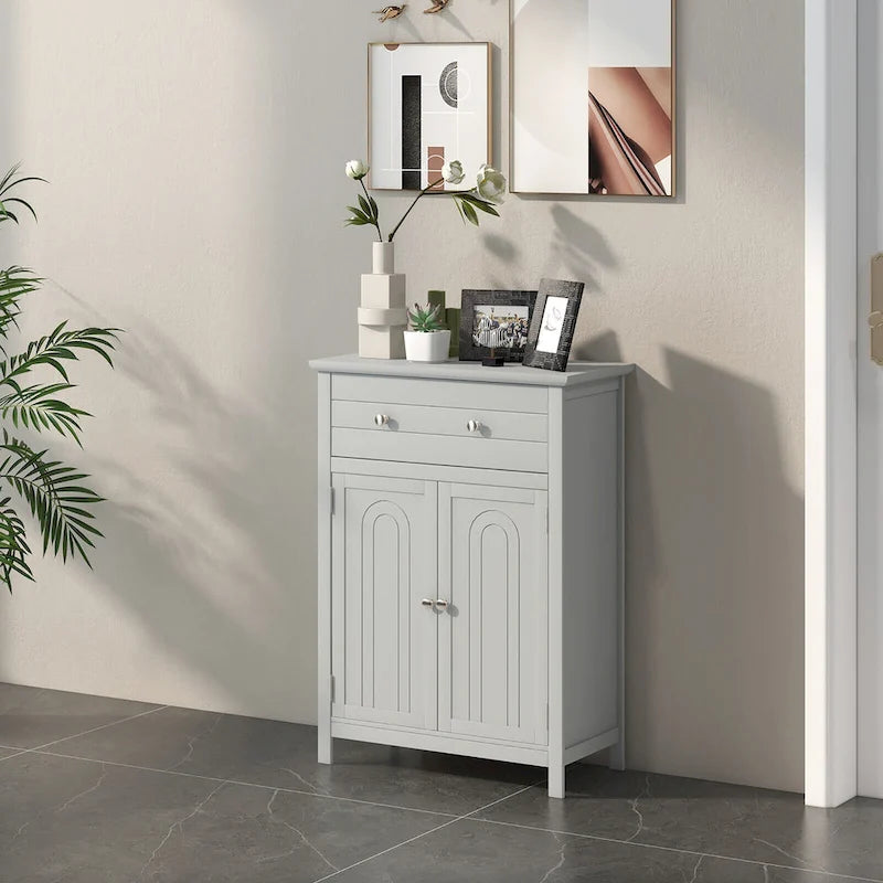 Wooden Bathroom Floor Cabinet with Drawer & Doors - 2-Door Storage Organizer, Adjustable Shelf, Black/Grey, 23.5"x12"x31.5"