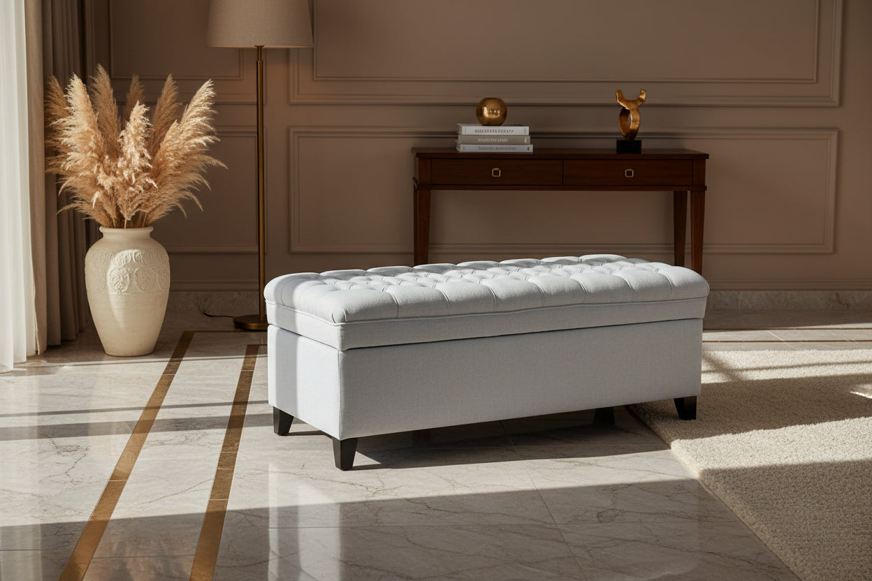 Rhya Storage Ottoman Bench, Light Blue Fabric, Black Wood, 50 Inch