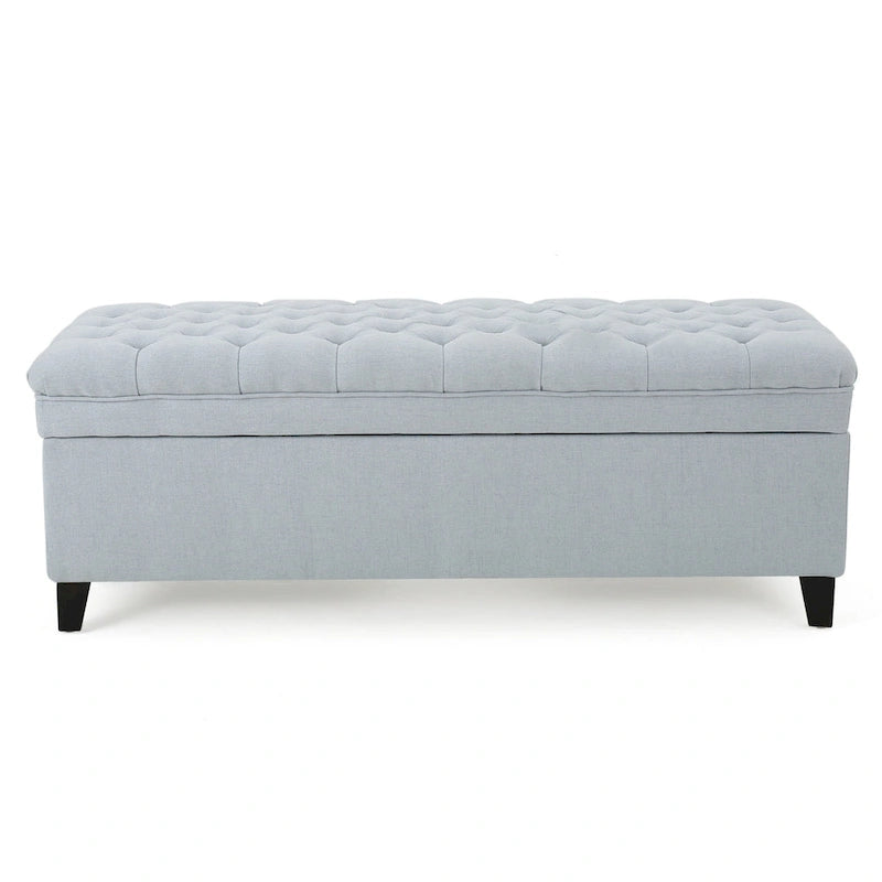 50" Storage Ottoman Bench Light Blue Fabric Button Tufted Upholstered Seat Black Birch Legs Modern Contemporary Living Room Furniture