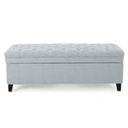 50" Storage Ottoman Bench Light Blue Fabric Button Tufted Upholstered Seat Black Birch Legs Modern Contemporary Living Room Furniture