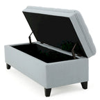 50" Storage Ottoman Bench Light Blue Fabric Button Tufted Upholstered Seat Black Birch Legs Modern Contemporary Living Room Furniture