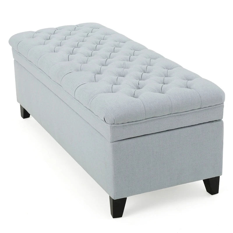 50" Storage Ottoman Bench Light Blue Fabric Button Tufted Upholstered Seat Black Birch Legs Modern Contemporary Living Room Furniture