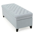 50" Storage Ottoman Bench Light Blue Fabric Button Tufted Upholstered Seat Black Birch Legs Modern Contemporary Living Room Furniture