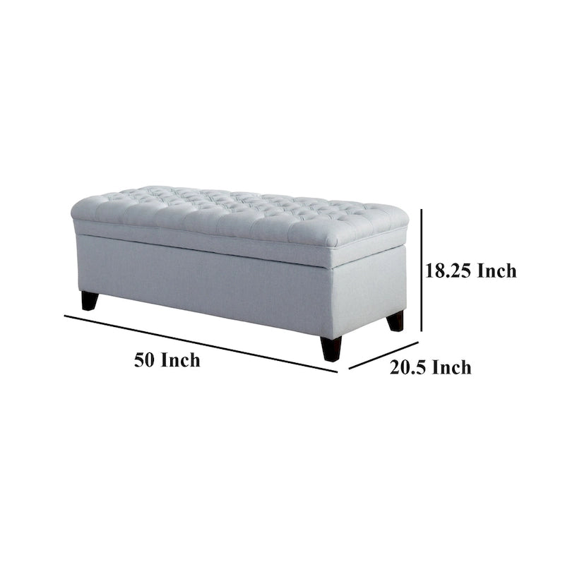 50" Storage Ottoman Bench Light Blue Fabric Button Tufted Upholstered Seat Black Birch Legs Modern Contemporary Living Room Furniture