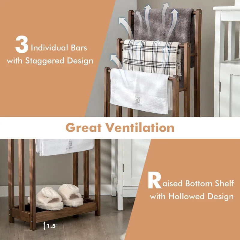 3-Bar Freestanding Towel Rack with Bottom Storage Shelf - Rustic Brown Fir Wood Ladder Design 18"x9"x34" for Bathroom Laundry Room