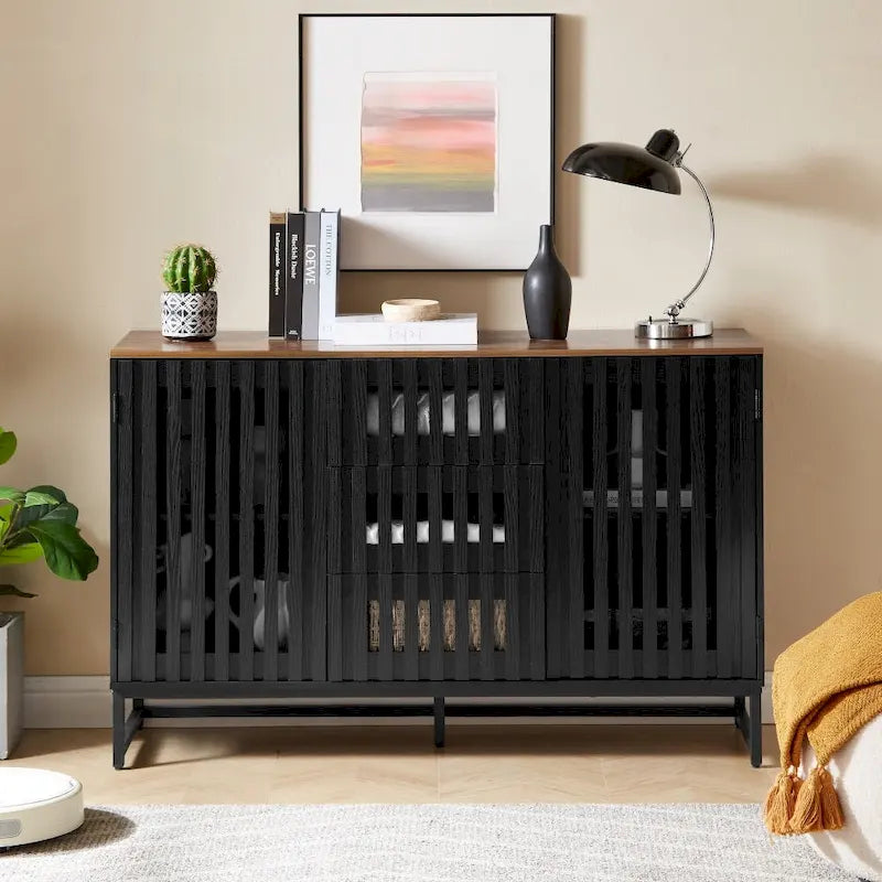 Black Storage Cabinet 3 Drawers 4 Shelves MDF Grille Door Dresser 47.3"x15.8"x30.5" Modern Buffet Sideboard for Living Room Bedroom