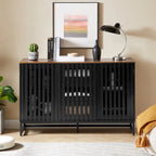 Black Storage Cabinet 3 Drawers 4 Shelves MDF Grille Door Dresser 47.3"x15.8"x30.5" Modern Buffet Sideboard for Living Room Bedroom