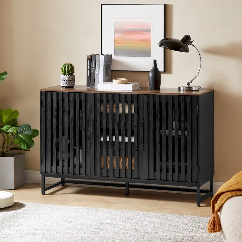 Black Storage Cabinet 3 Drawers 4 Shelves MDF Grille Door Dresser 47.3"x15.8"x30.5" Modern Buffet Sideboard for Living Room Bedroom