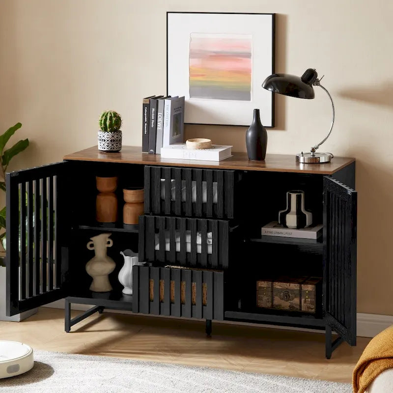 Black Storage Cabinet 3 Drawers 4 Shelves MDF Grille Door Dresser 47.3"x15.8"x30.5" Modern Buffet Sideboard for Living Room Bedroom