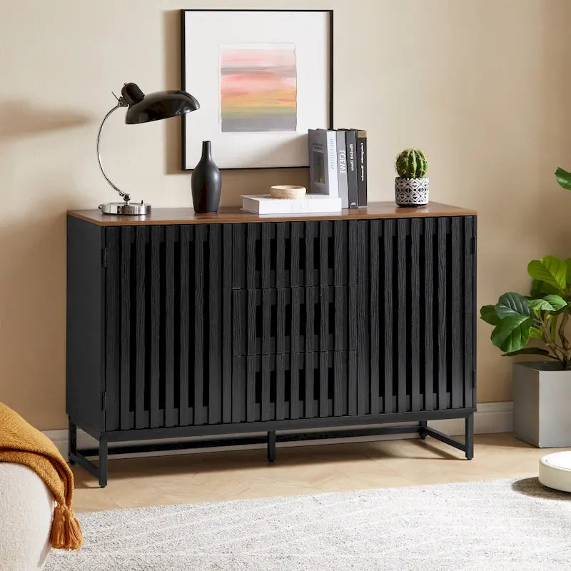 Black Storage Cabinet 3 Drawers 4 Shelves MDF Grille Door Dresser 47.3"x15.8"x30.5" Modern Buffet Sideboard for Living Room Bedroom